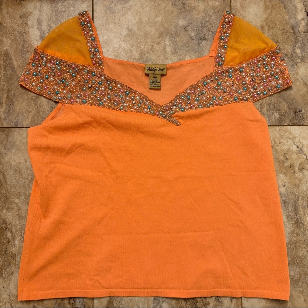 NWT Midnight Velvet Salmon Faux Pearl Rhinestone Knit Top Women’s Size 1X